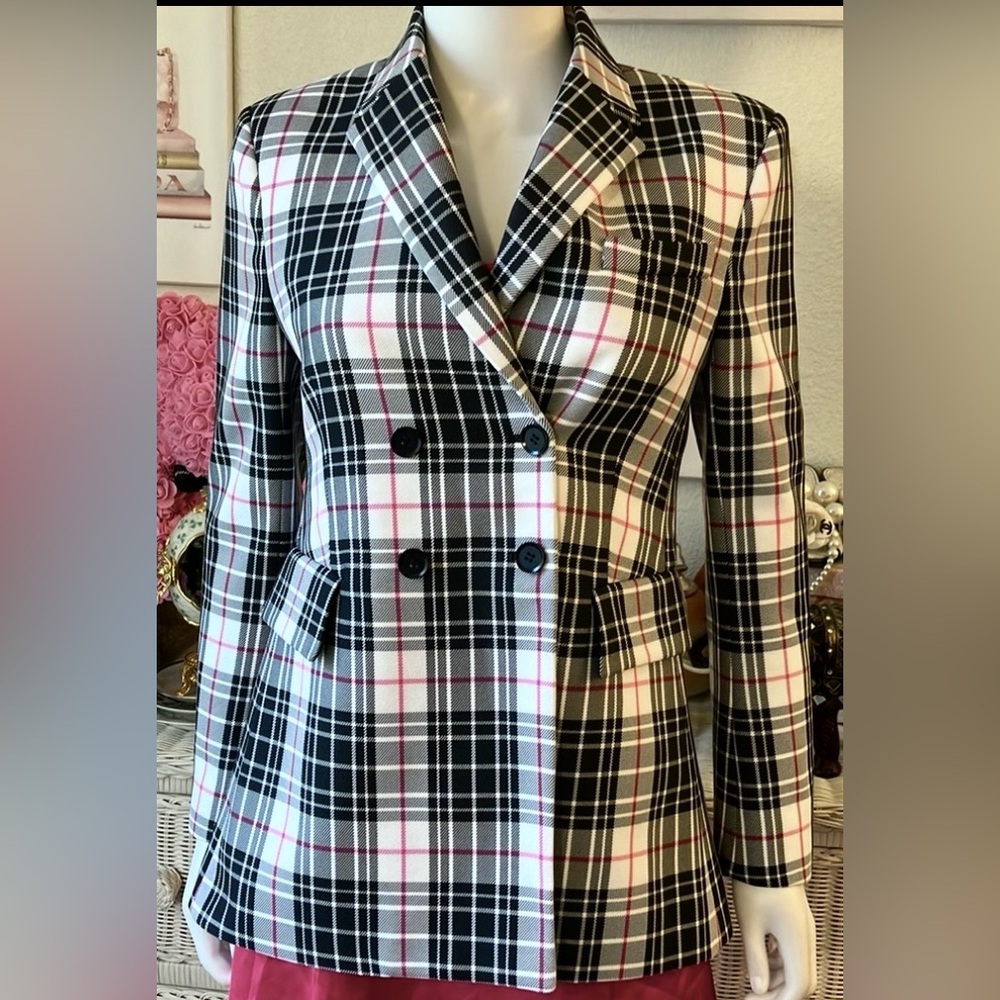 Scanlan Theodore Jacket Double Breasted Blazer Vent Black White Plaid Size 4 NWT